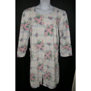 Vintage Floral Plus Sz 2X Soft Flannel Full Zip Lounge House Dress Front Pockets